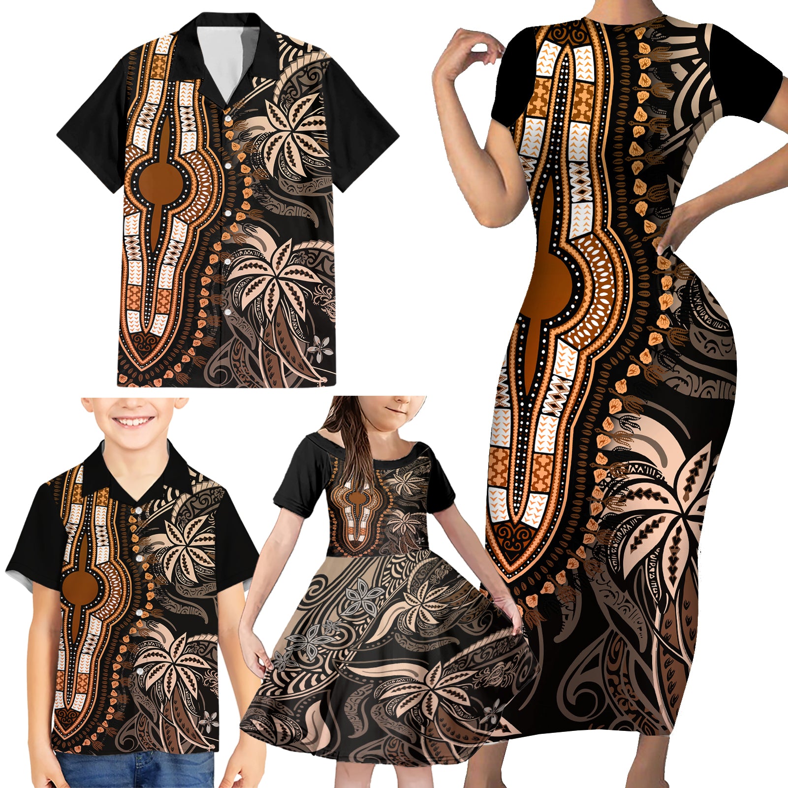 polynesia-dashiki-family-matching-short-sleeve-bodycon-dress-and-hawaiian-shirt-polynesia-and-africa-traditional-special-together-gold