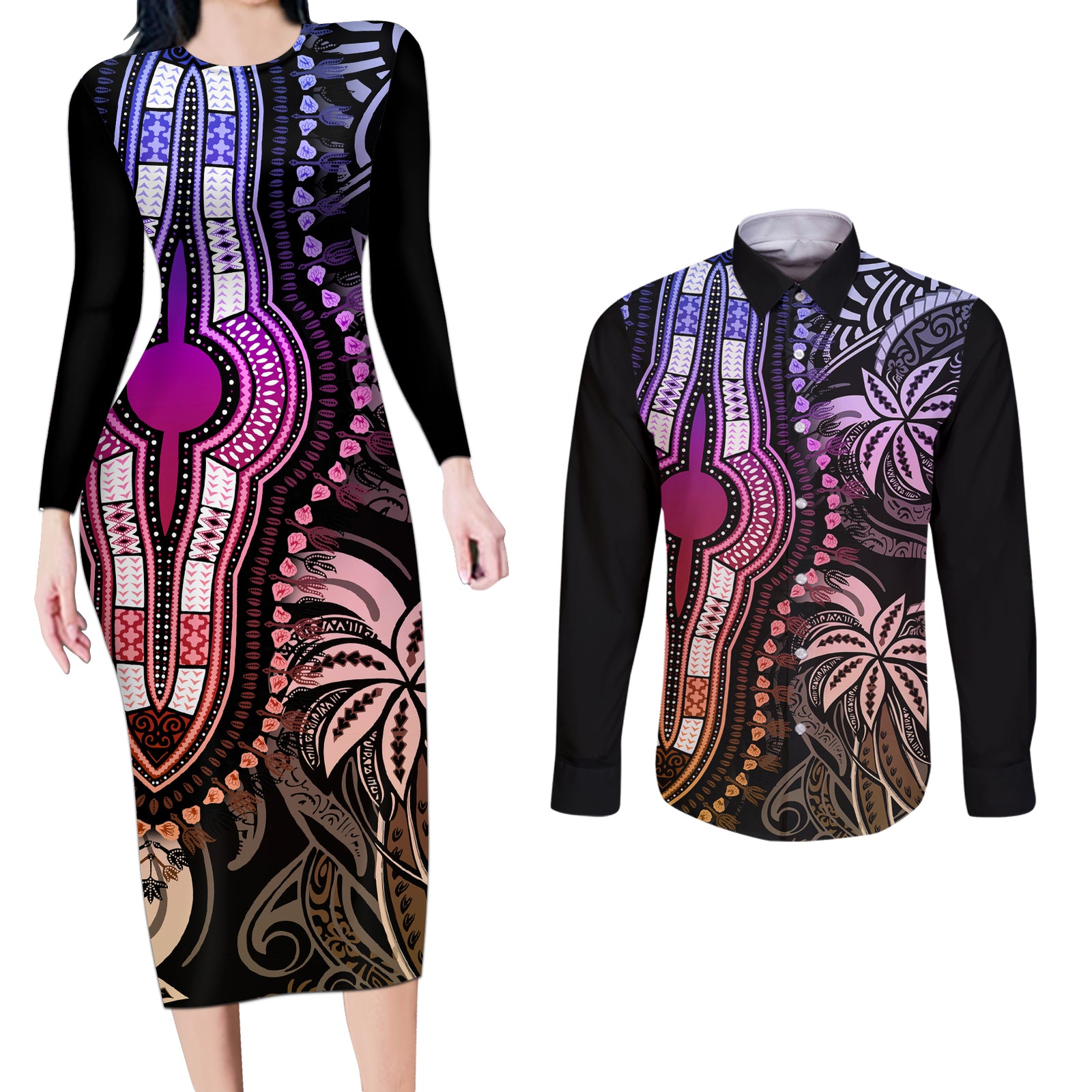 Polynesia Dashiki Couples Matching Long Sleeve Bodycon Dress and Long Sleeve Button Shirts Polynesia and Africa Traditional Special Together Pastel LT9 Pastel - Polynesian Pride