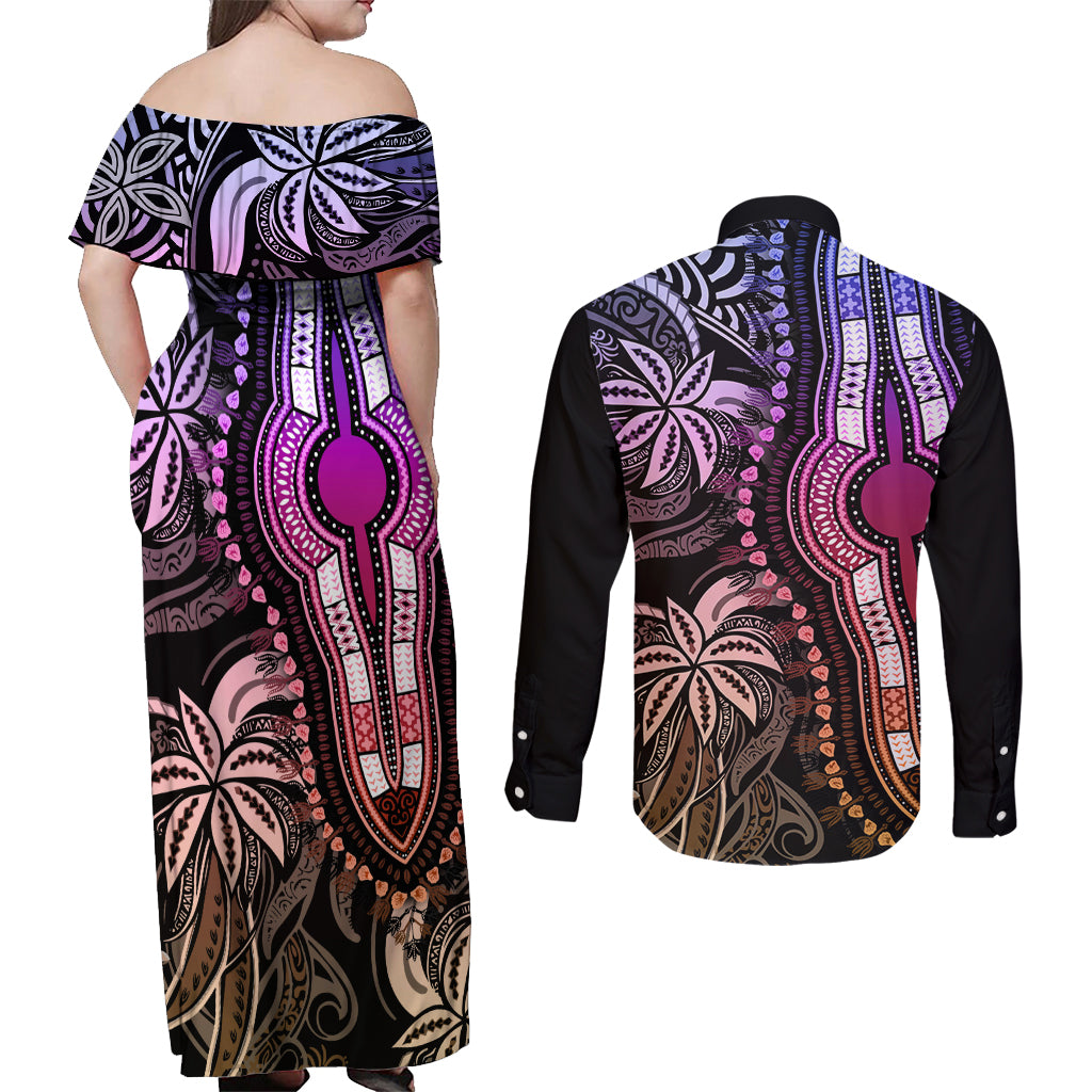 Polynesia Dashiki Couples Matching Off Shoulder Maxi Dress and Long Sleeve Button Shirts Polynesia and Africa Traditional Special Together Pastel LT9 - Polynesian Pride