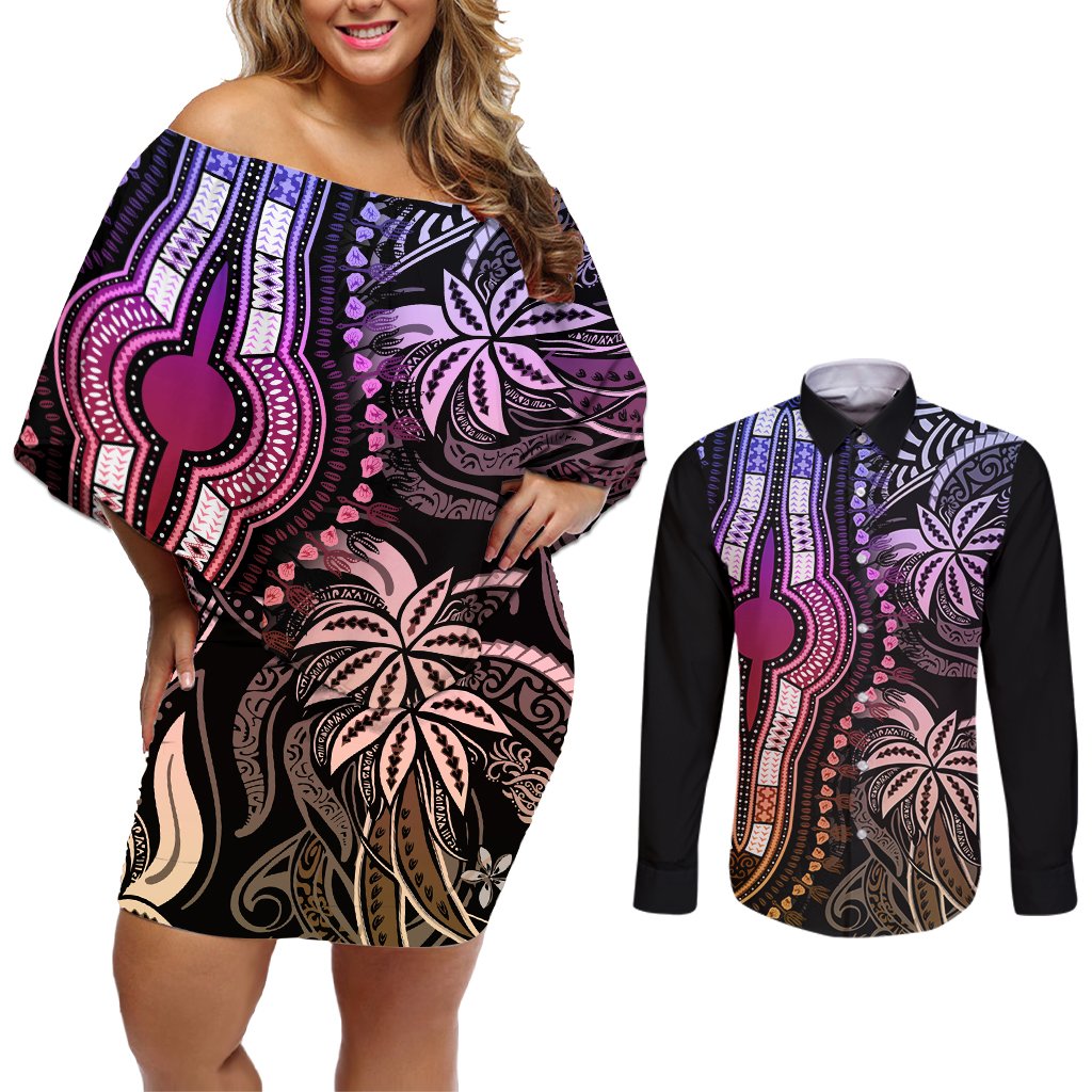 Polynesia Dashiki Couples Matching Off Shoulder Short Dress and Long Sleeve Button Shirts Polynesia and Africa Traditional Special Together Pastel LT9 Pastel - Polynesian Pride