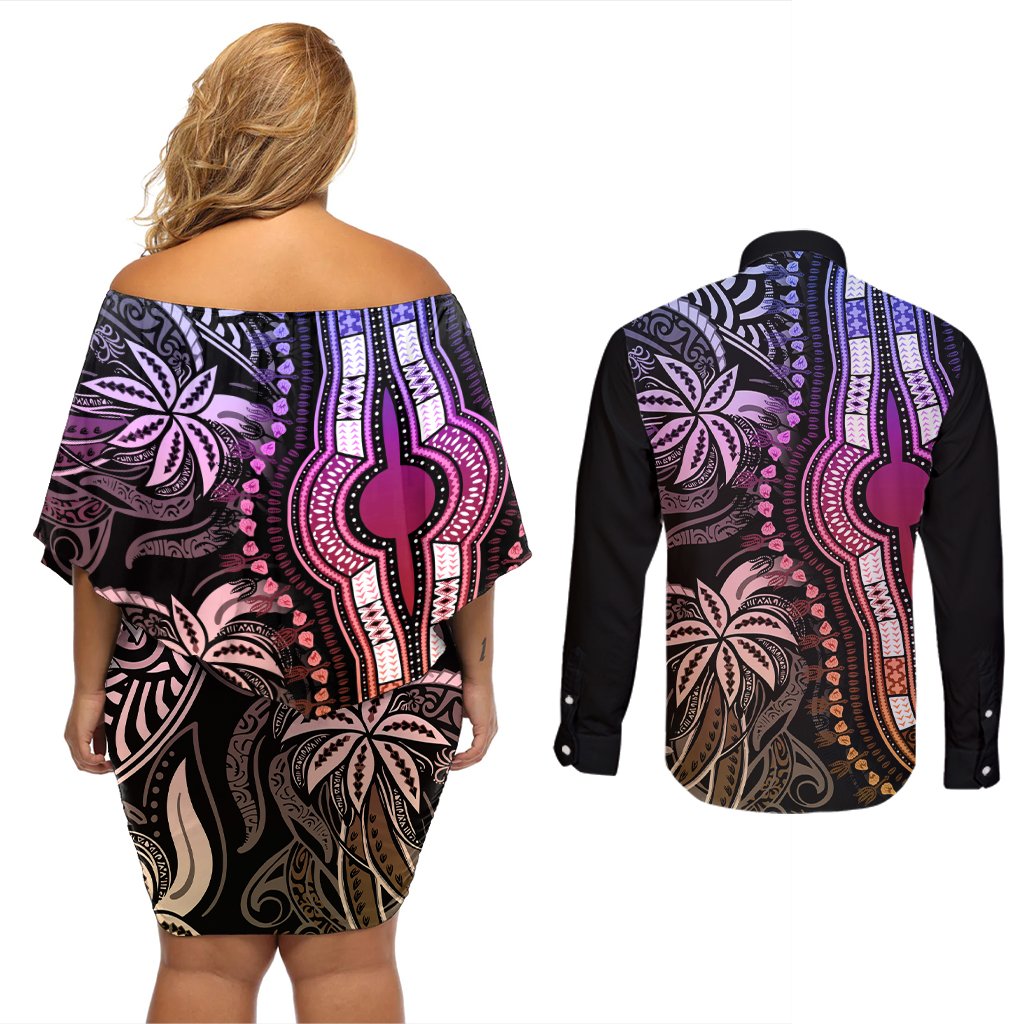Polynesia Dashiki Couples Matching Off Shoulder Short Dress and Long Sleeve Button Shirts Polynesia and Africa Traditional Special Together Pastel LT9 - Polynesian Pride