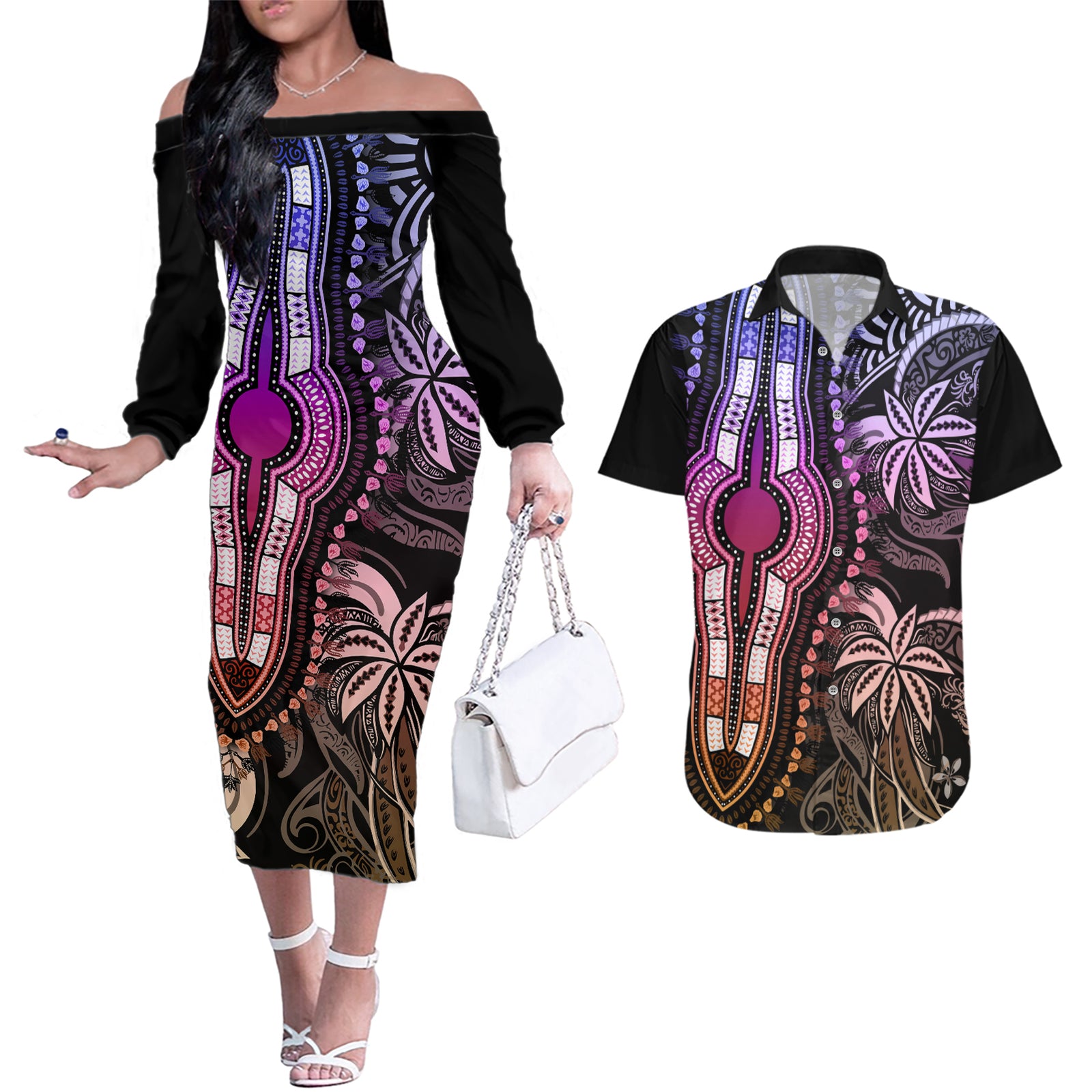 Polynesia Dashiki Couples Matching Off The Shoulder Long Sleeve Dress and Hawaiian Shirt Polynesia and Africa Traditional Special Together Pastel LT9 Pastel - Polynesian Pride