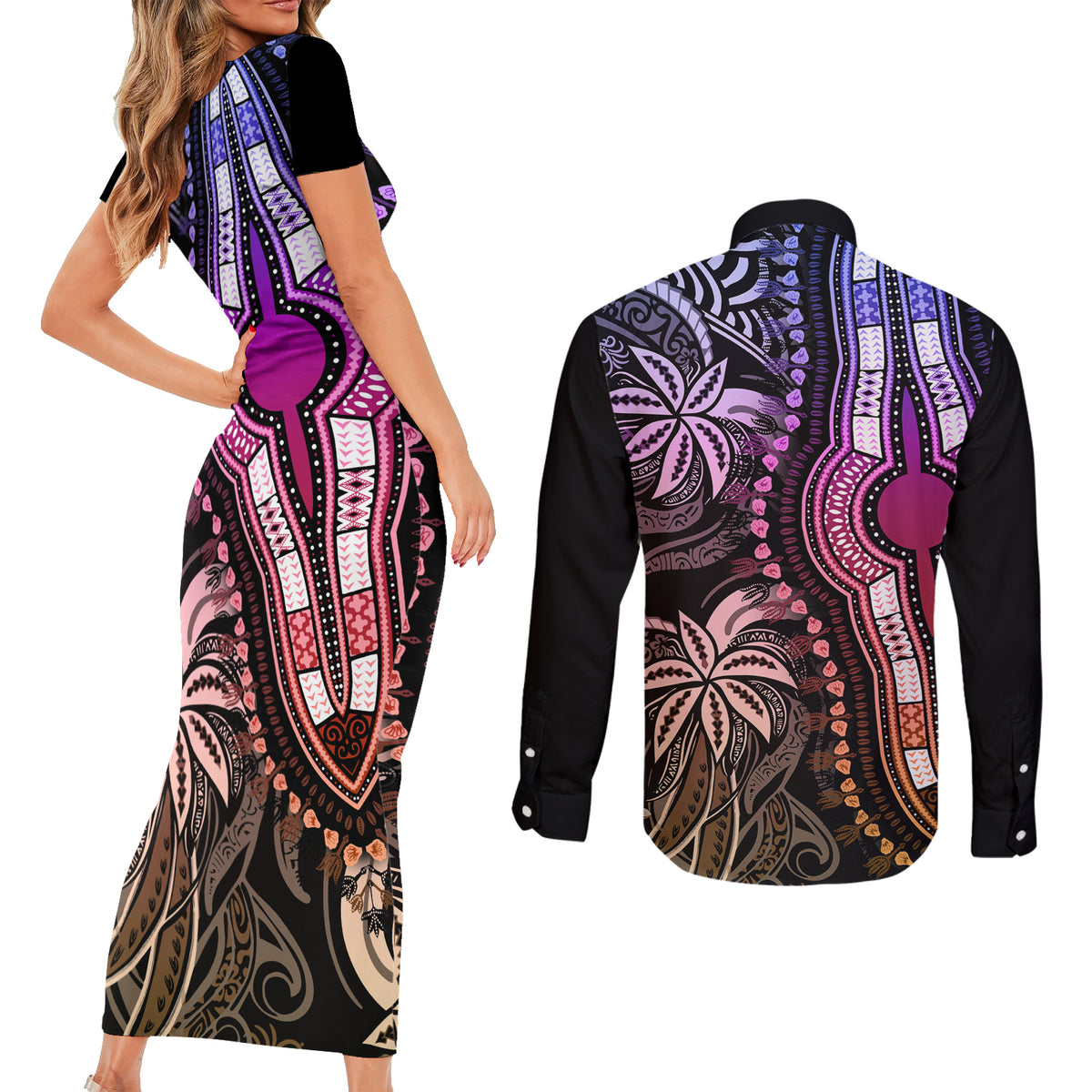 Polynesia Dashiki Couples Matching Short Sleeve Bodycon Dress and Long Sleeve Button Shirts Polynesia and Africa Traditional Special Together Pastel LT9 - Polynesian Pride