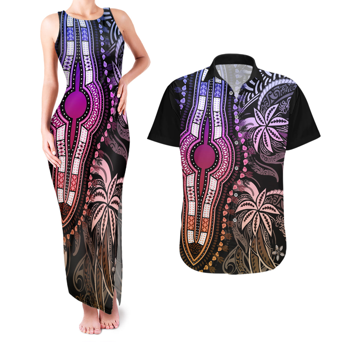 Polynesia Dashiki Couples Matching Tank Maxi Dress and Hawaiian Shirt Polynesia and Africa Traditional Special Together Pastel LT9 Pastel - Polynesian Pride