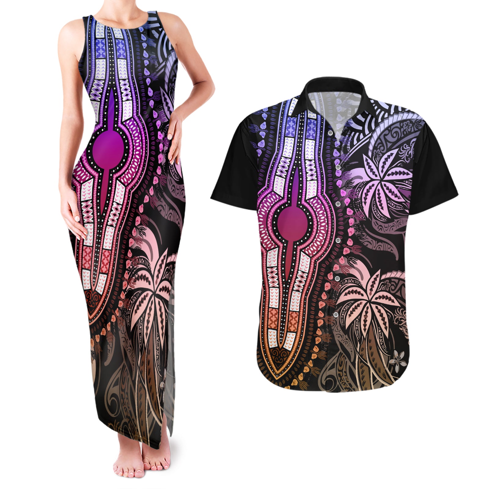 Polynesia Dashiki Couples Matching Tank Maxi Dress and Hawaiian Shirt Polynesia and Africa Traditional Special Together Pastel LT9 Pastel - Polynesian Pride