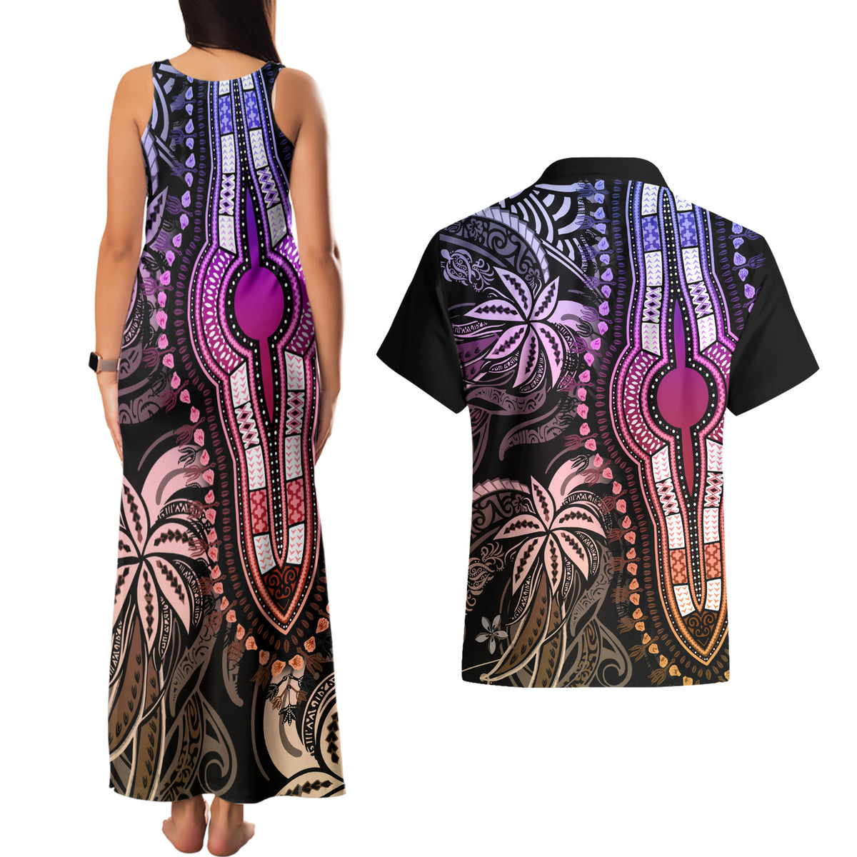 Polynesia Dashiki Couples Matching Tank Maxi Dress and Hawaiian Shirt Polynesia and Africa Traditional Special Together Pastel LT9 - Polynesian Pride