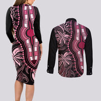 Polynesia Dashiki Couples Matching Long Sleeve Bodycon Dress and Long Sleeve Button Shirts Polynesia and Africa Traditional Special Together Pink LT9 - Polynesian Pride