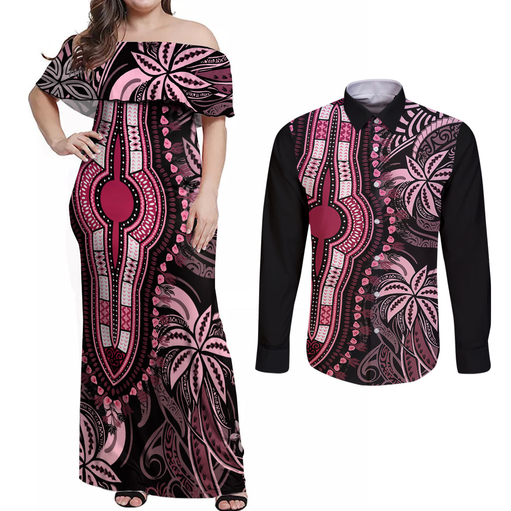 Polynesia Dashiki Couples Matching Off Shoulder Maxi Dress and Long Sleeve Button Shirts Polynesia and Africa Traditional Special Together Pink LT9 Pink - Polynesian Pride