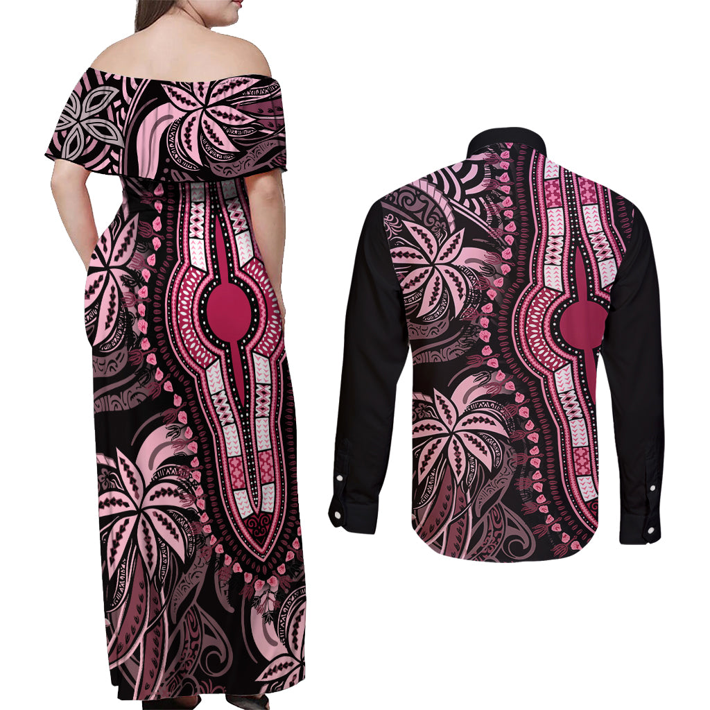 Polynesia Dashiki Couples Matching Off Shoulder Maxi Dress and Long Sleeve Button Shirts Polynesia and Africa Traditional Special Together Pink LT9 - Polynesian Pride