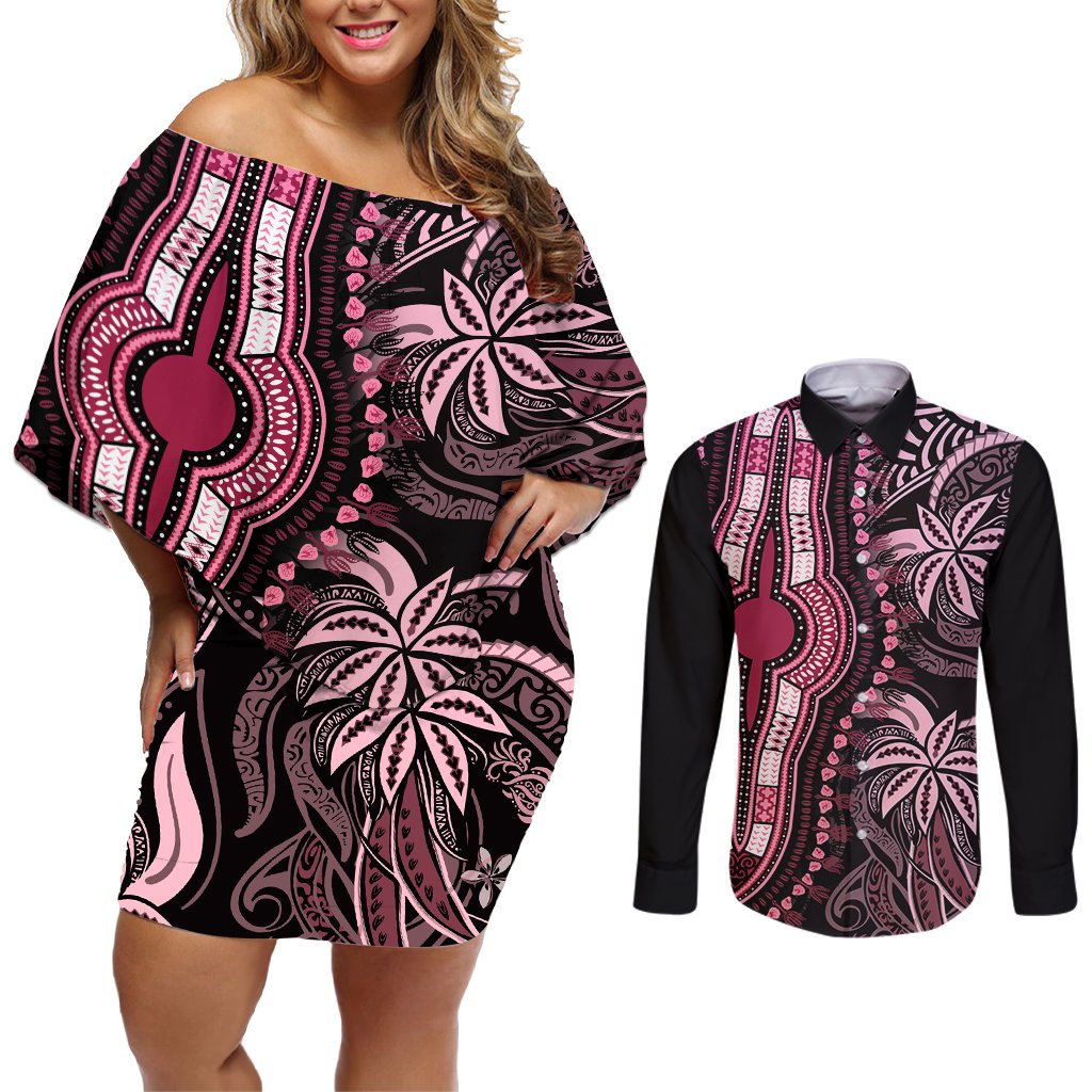 Polynesia Dashiki Couples Matching Off Shoulder Short Dress and Long Sleeve Button Shirts Polynesia and Africa Traditional Special Together Pink LT9 Pink - Polynesian Pride