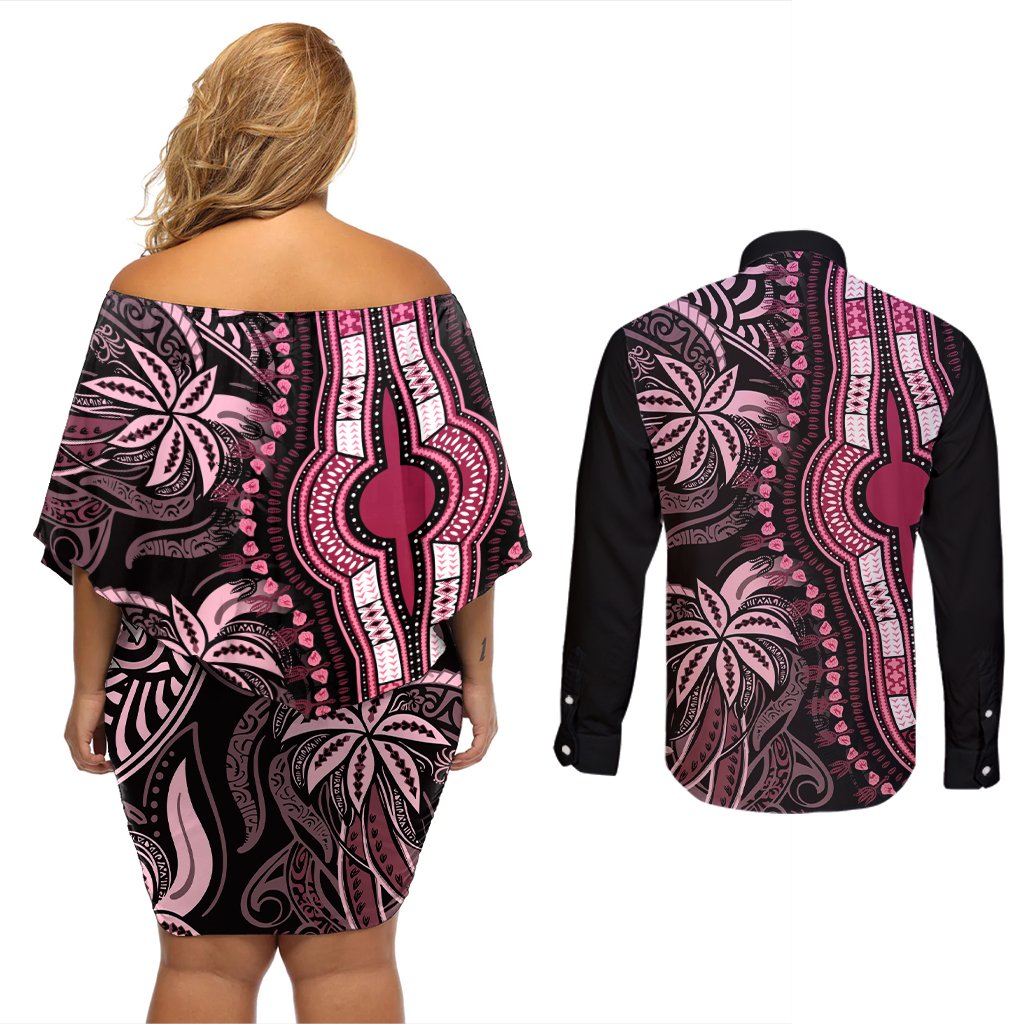 Polynesia Dashiki Couples Matching Off Shoulder Short Dress and Long Sleeve Button Shirts Polynesia and Africa Traditional Special Together Pink LT9 - Polynesian Pride