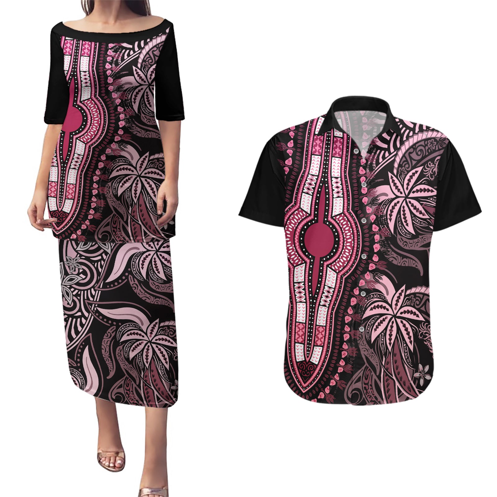 Polynesia Dashiki Couples Matching Puletasi Dress and Hawaiian Shirt Polynesia and Africa Traditional Special Together Pink LT9 Pink - Polynesian Pride