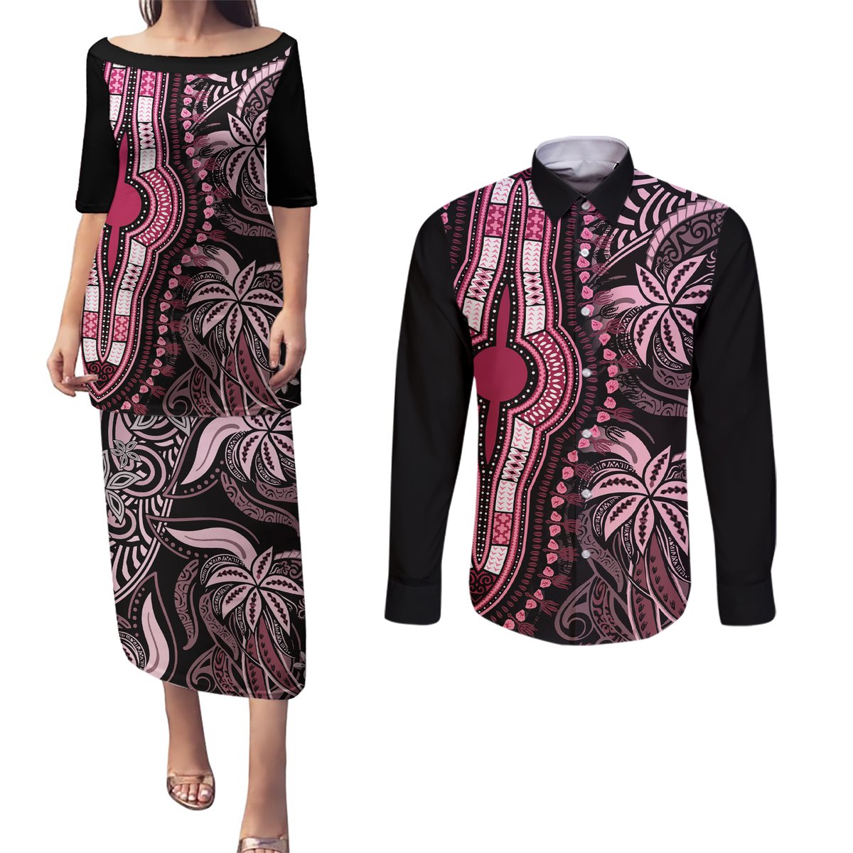 Polynesia Dashiki Couples Matching Puletasi Dress and Long Sleeve Button Shirts Polynesia and Africa Traditional Special Together Pink LT9 Pink - Polynesian Pride