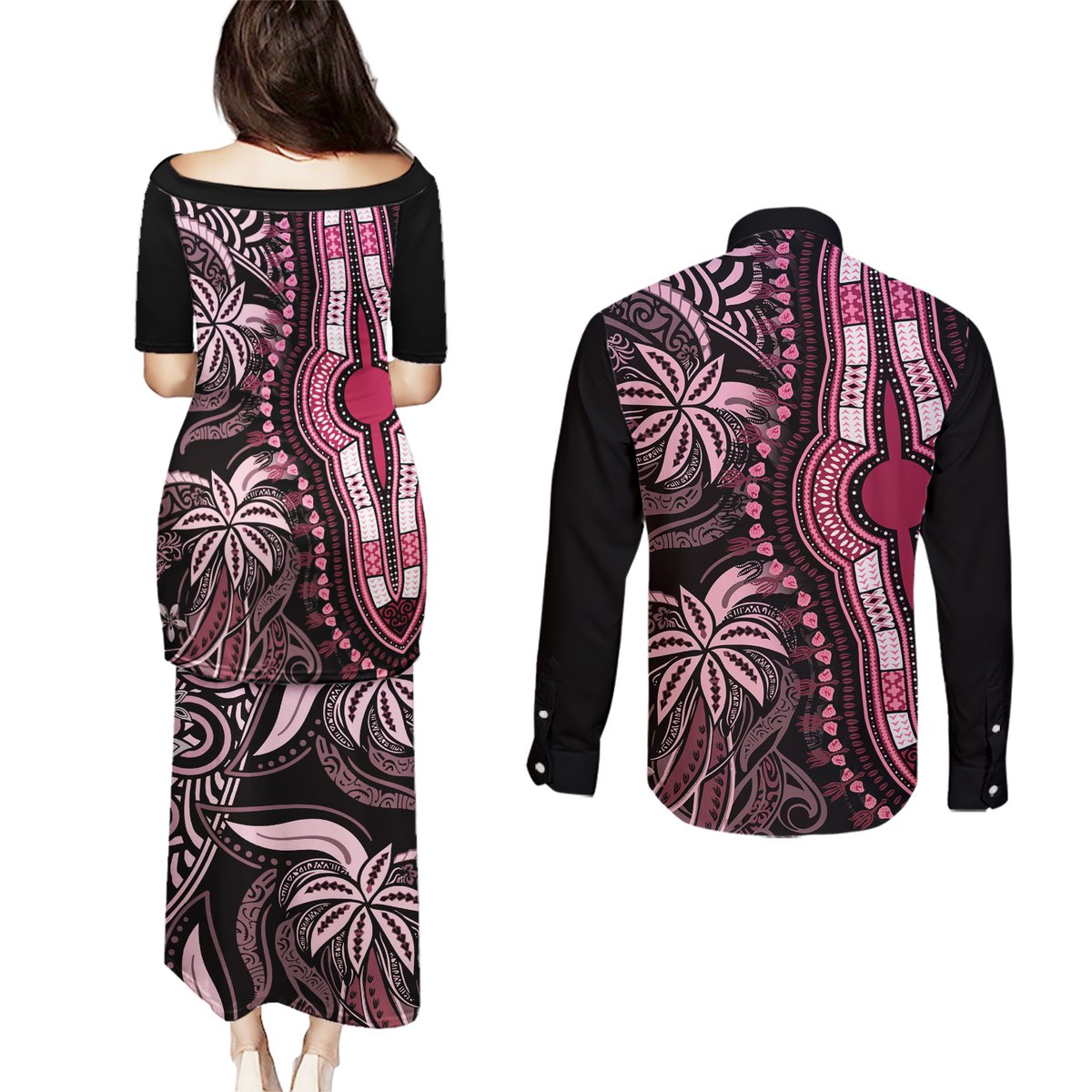 Polynesia Dashiki Couples Matching Puletasi Dress and Long Sleeve Button Shirts Polynesia and Africa Traditional Special Together Pink LT9 - Polynesian Pride