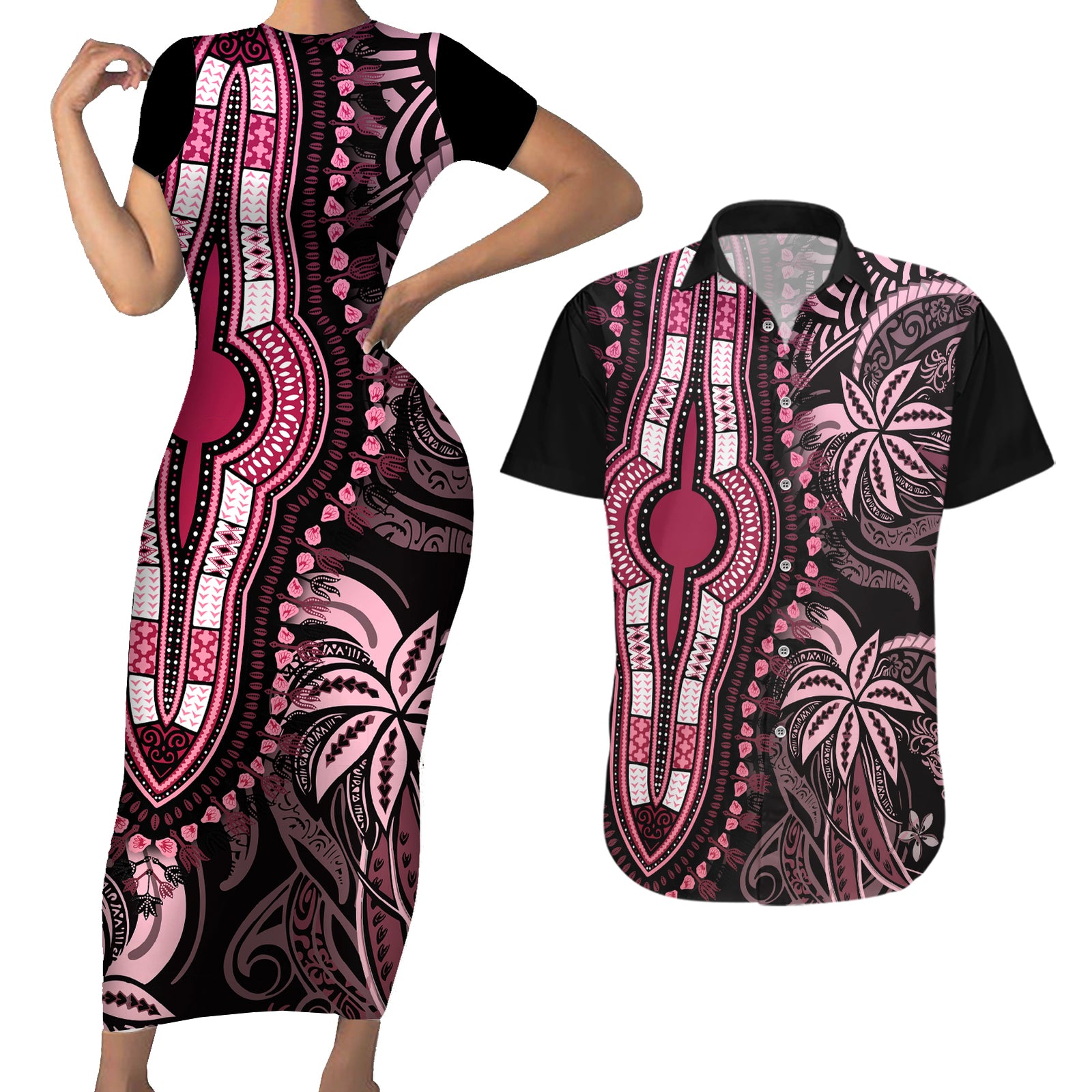 Polynesia Dashiki Couples Matching Short Sleeve Bodycon Dress and Hawaiian Shirt Polynesia and Africa Traditional Special Together Pink LT9 Pink - Polynesian Pride