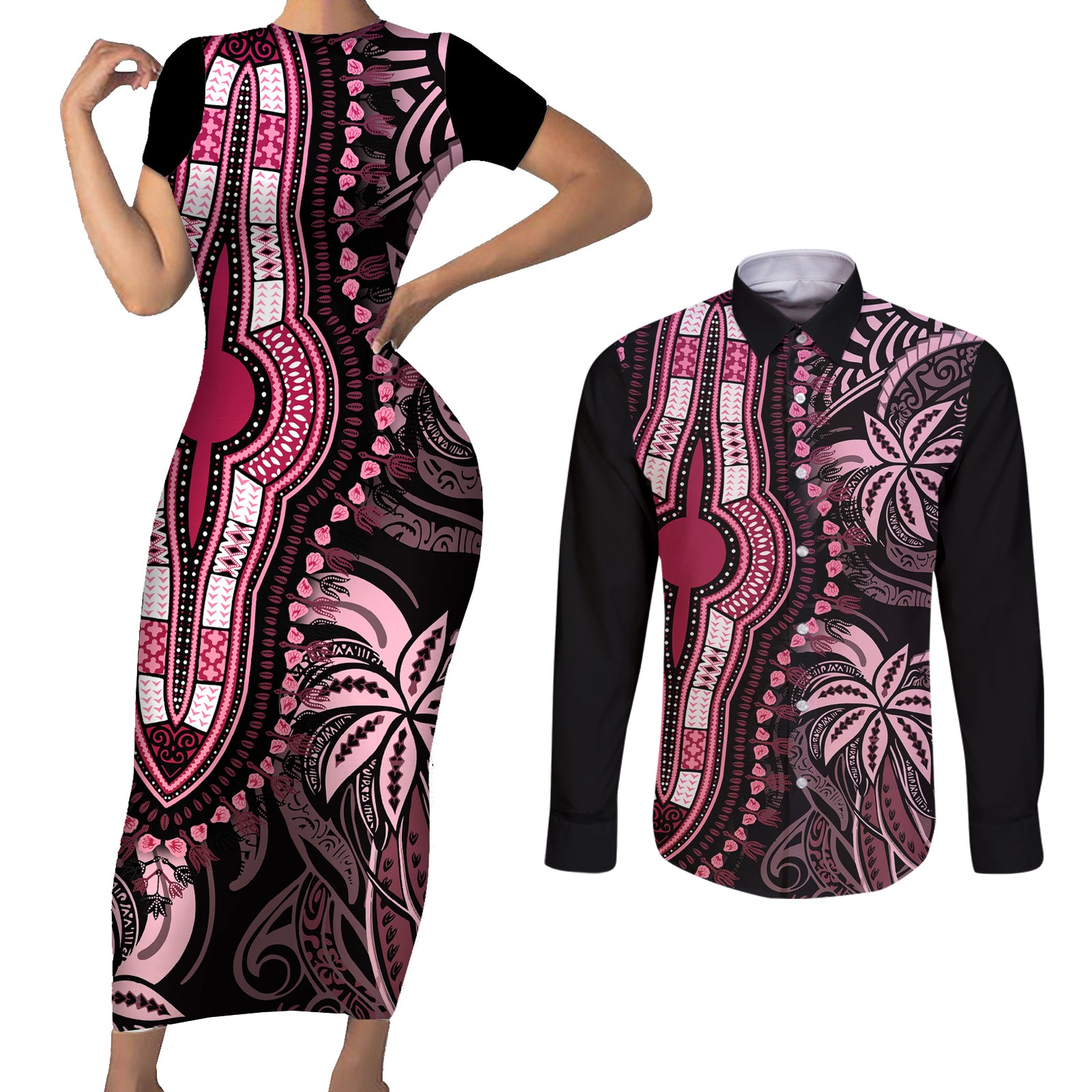 Polynesia Dashiki Couples Matching Short Sleeve Bodycon Dress and Long Sleeve Button Shirts Polynesia and Africa Traditional Special Together Pink LT9 Pink - Polynesian Pride
