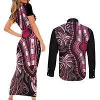Polynesia Dashiki Couples Matching Short Sleeve Bodycon Dress and Long Sleeve Button Shirts Polynesia and Africa Traditional Special Together Pink LT9 - Polynesian Pride