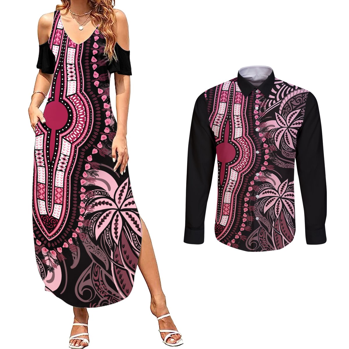 Polynesia Dashiki Couples Matching Summer Maxi Dress and Long Sleeve Button Shirts Polynesia and Africa Traditional Special Together Pink LT9 Pink - Polynesian Pride