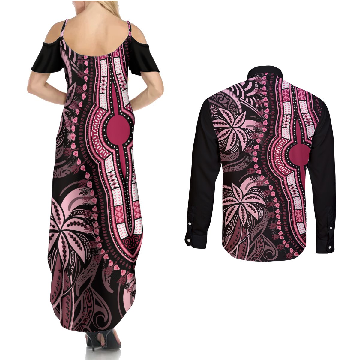 Polynesia Dashiki Couples Matching Summer Maxi Dress and Long Sleeve Button Shirts Polynesia and Africa Traditional Special Together Pink LT9 - Polynesian Pride