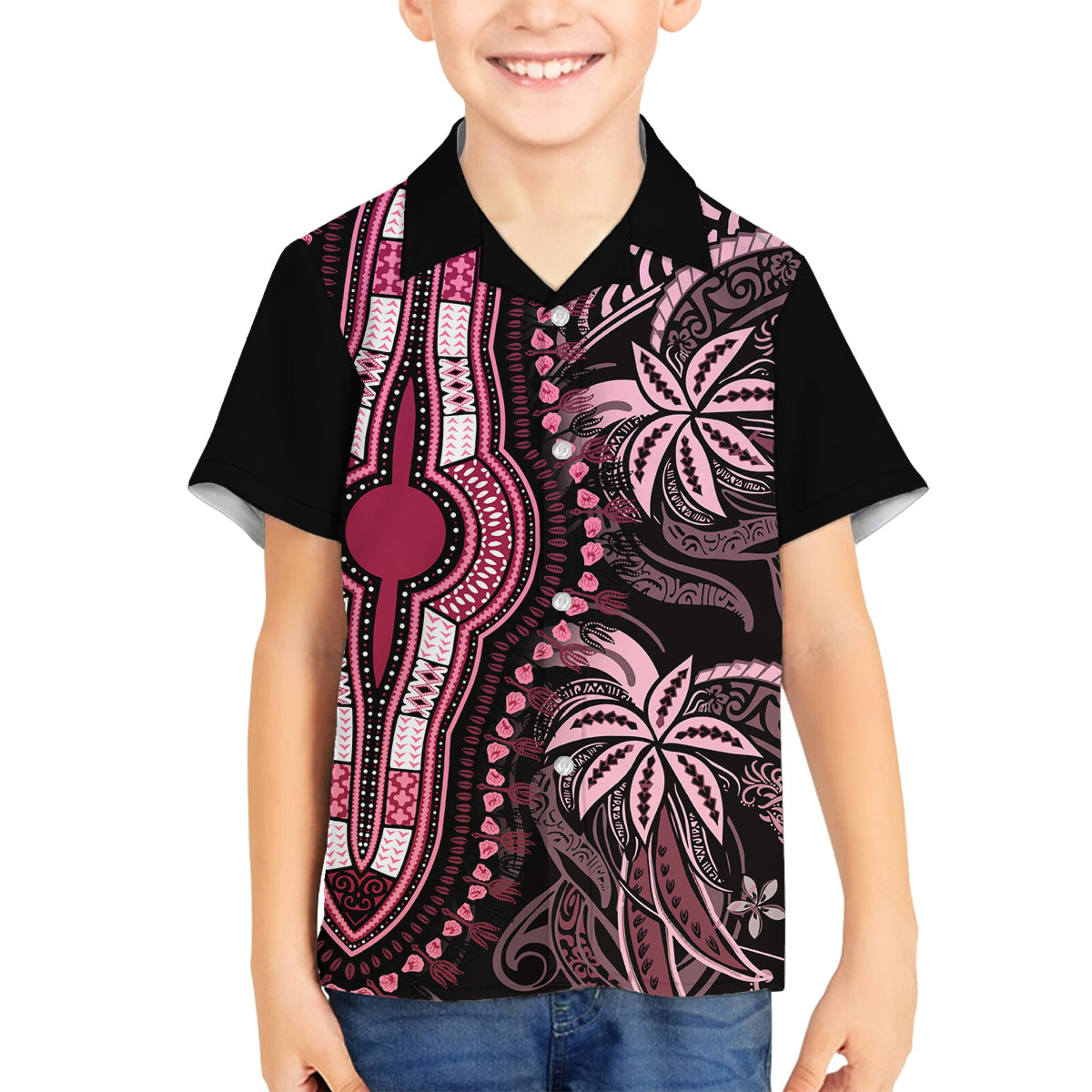 Polynesia Dashiki Family Matching Long Sleeve Bodycon Dress and Hawaiian Shirt Polynesia and Africa Traditional Special Together Pink LT9 Son's Shirt Pink - Polynesian Pride