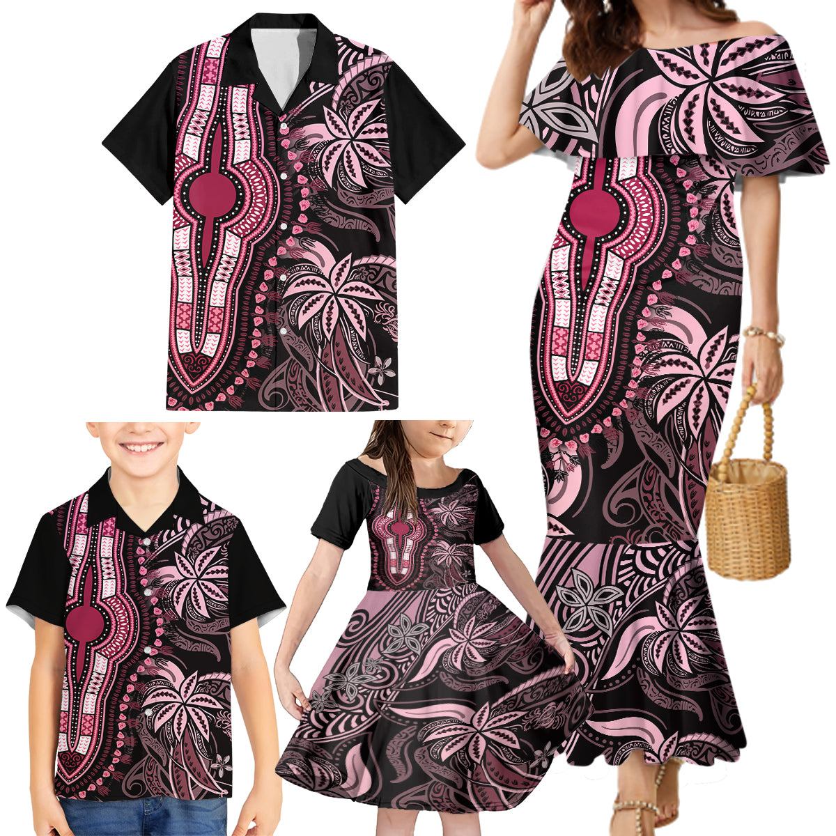 polynesia-dashiki-family-matching-mermaid-dress-and-hawaiian-shirt-polynesia-and-africa-traditional-special-together-pink