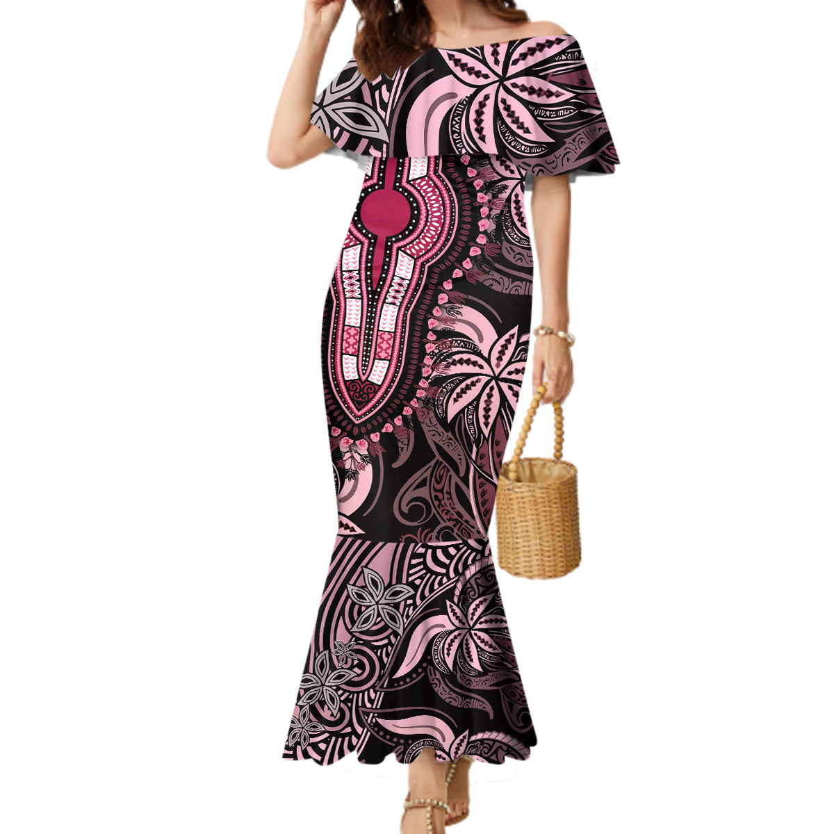 polynesia-dashiki-family-matching-mermaid-dress-and-hawaiian-shirt-polynesia-and-africa-traditional-special-together-pink