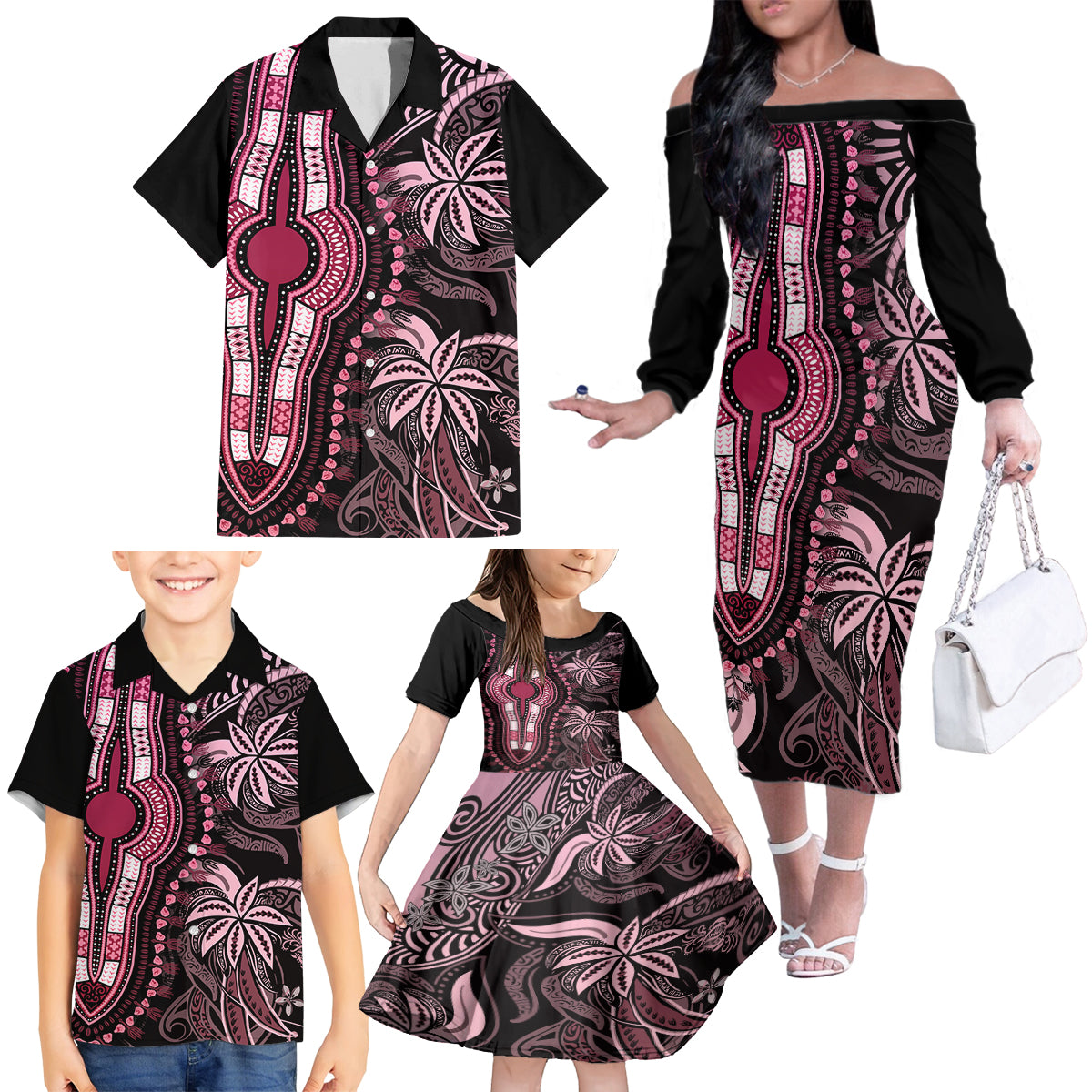 Polynesia Dashiki Family Matching Off Shoulder Long Sleeve Dress and Hawaiian Shirt Polynesia and Africa Traditional Special Together Pink LT9 - Polynesian Pride