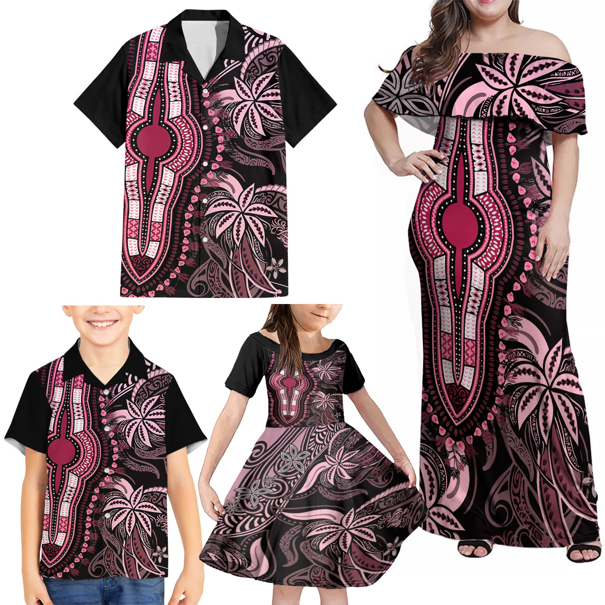 polynesia-dashiki-family-matching-off-shoulder-maxi-dress-and-hawaiian-shirt-polynesia-and-africa-traditional-special-together-pink