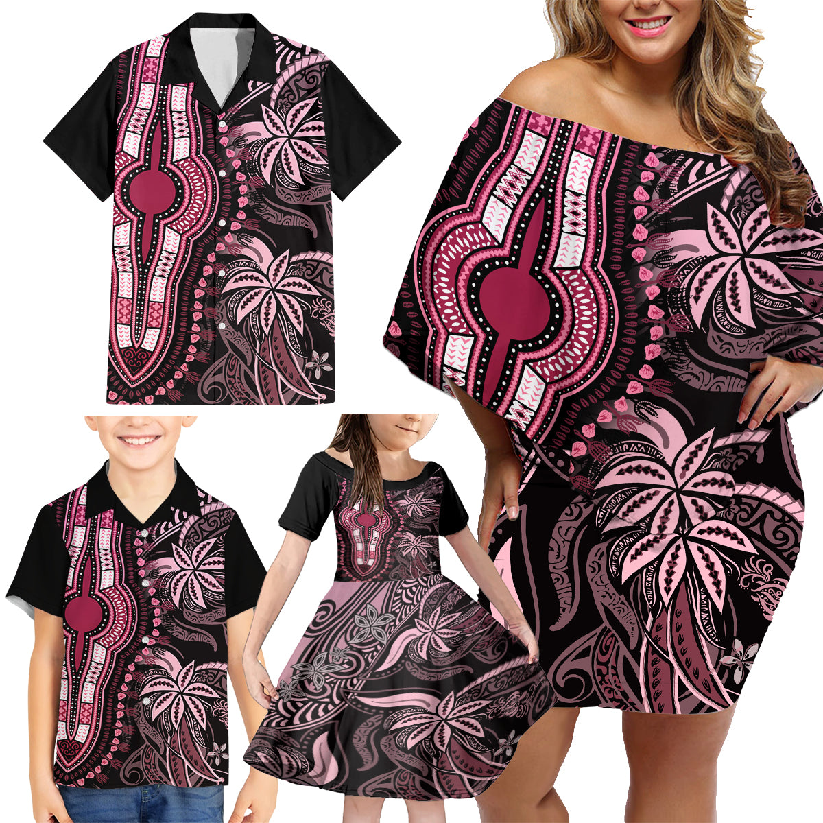 polynesia-dashiki-family-matching-off-shoulder-short-dress-and-hawaiian-shirt-polynesia-and-africa-traditional-special-together-pink