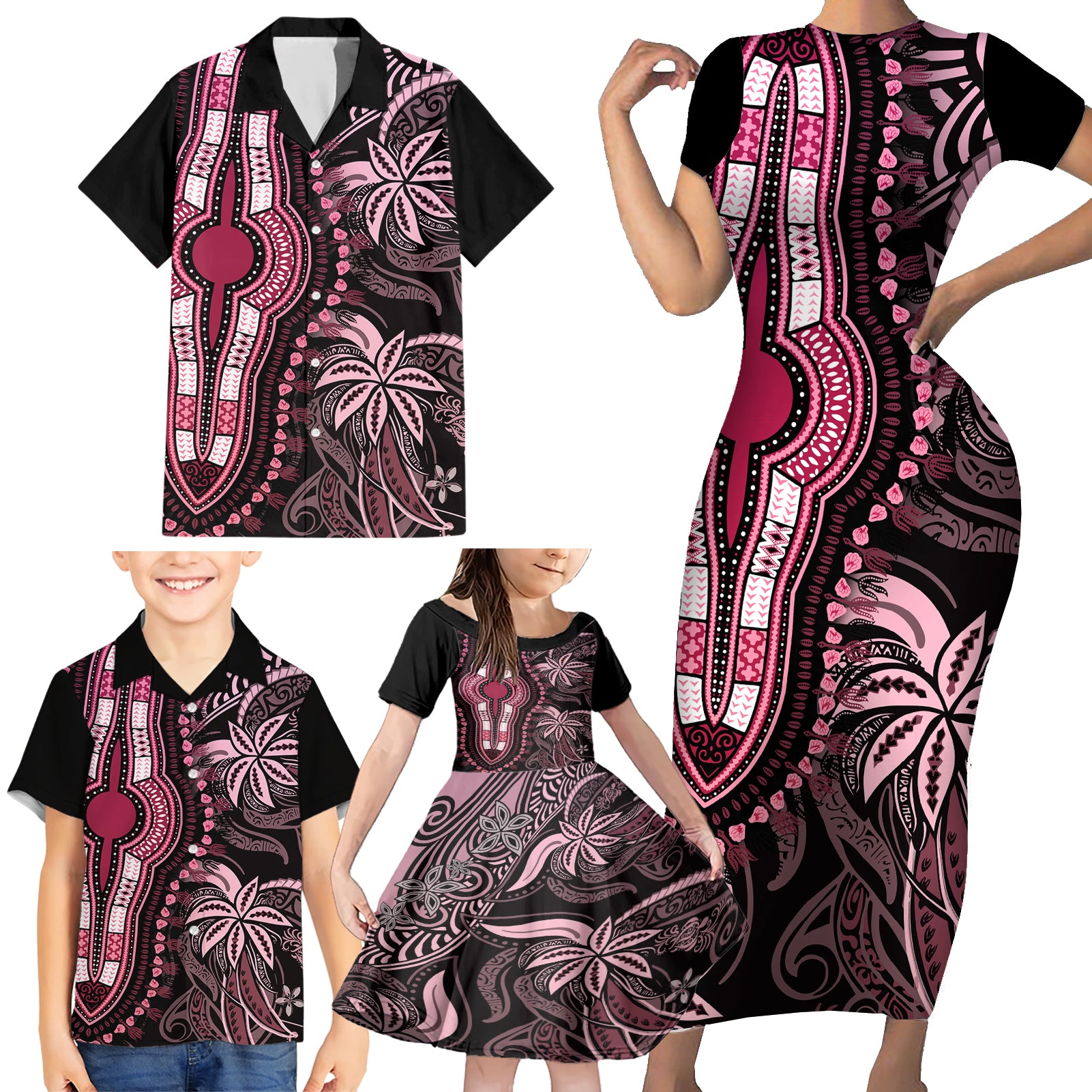 polynesia-dashiki-family-matching-short-sleeve-bodycon-dress-and-hawaiian-shirt-polynesia-and-africa-traditional-special-together-pink