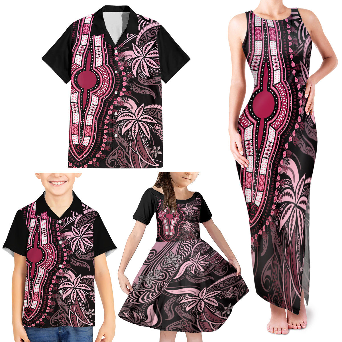 Polynesia Dashiki Family Matching Tank Maxi Dress and Hawaiian Shirt Polynesia and Africa Traditional Special Together Pink LT9 - Polynesian Pride