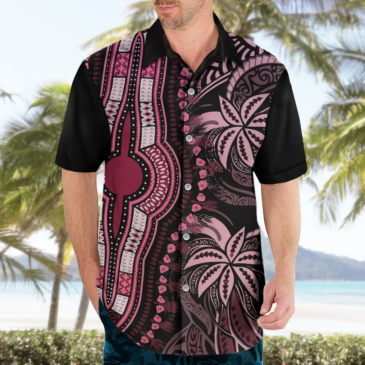 Polynesia Dashiki Hawaiian Shirt Polynesia and Africa Traditional Special Together Pink LT9 - Polynesian Pride