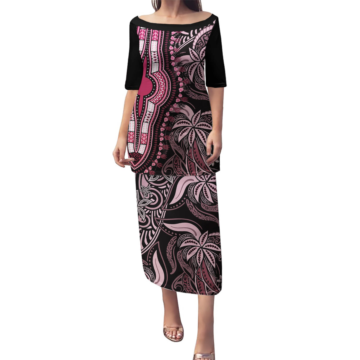 Polynesia Dashiki Puletasi Polynesia and Africa Traditional Special Together Pink LT9 Long Dress Pink - Polynesian Pride