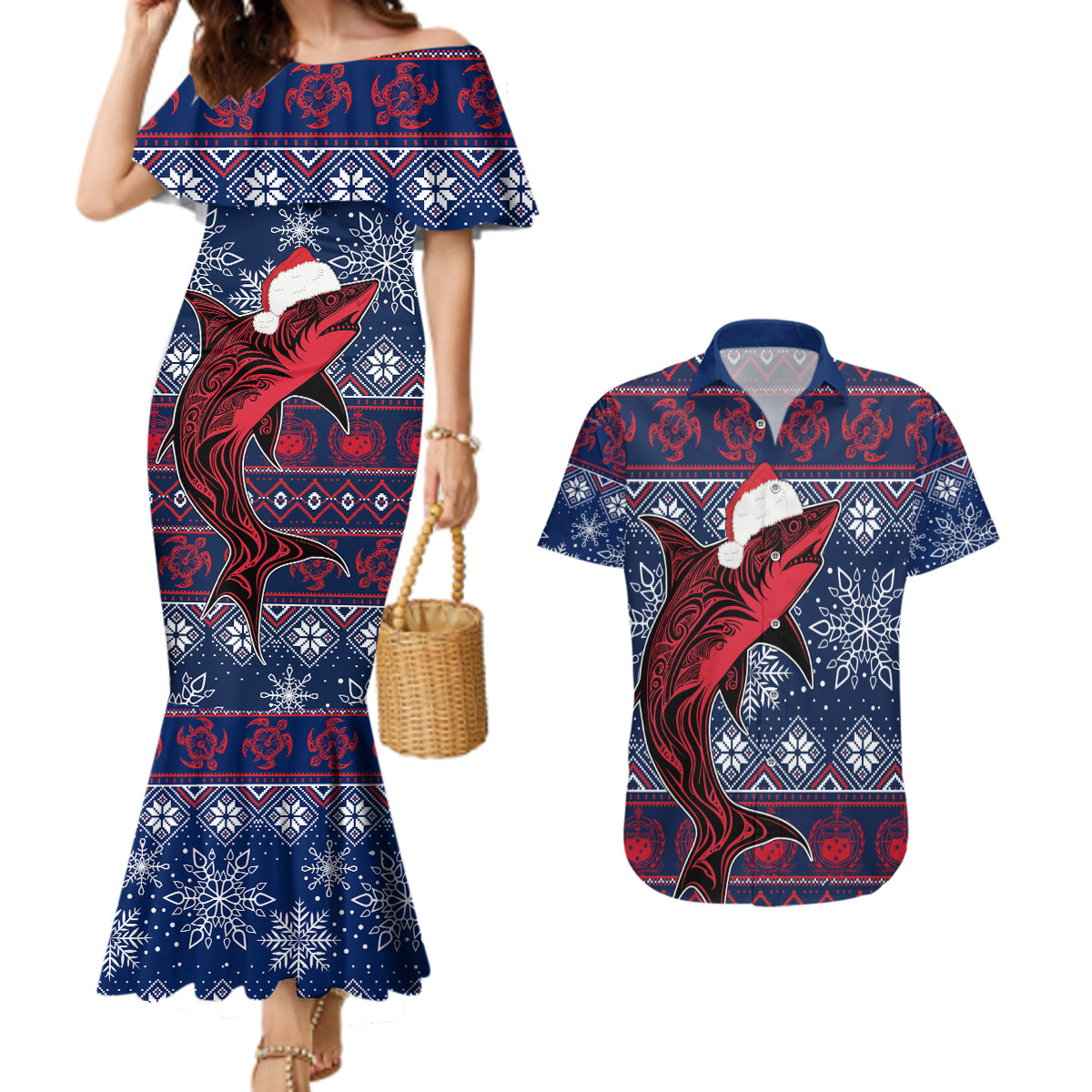 samoa-manuia-le-kirisimasi-couples-matching-mermaid-dress-and-hawaiian-shirt-samoan-fishing-tribal-pattern-christmas-vibe