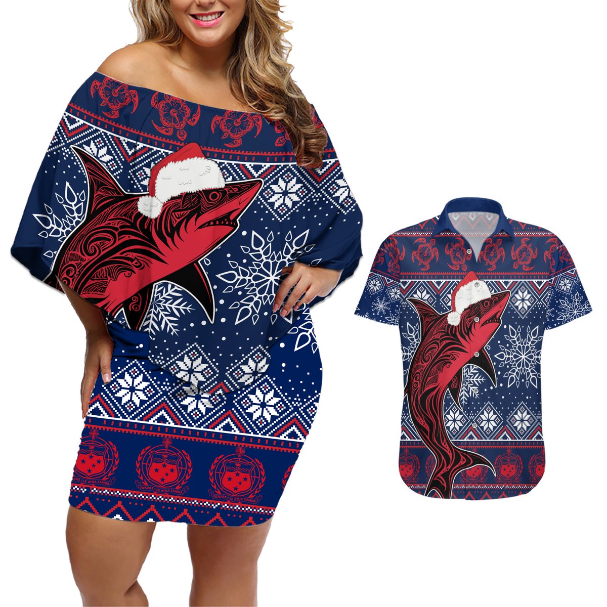 Samoa Manuia Le Kirisimasi Couples Matching Off Shoulder Short Dress and Hawaiian Shirt Samoan Fishing Tribal Pattern Christmas Vibe LT9 Red - Polynesian Pride