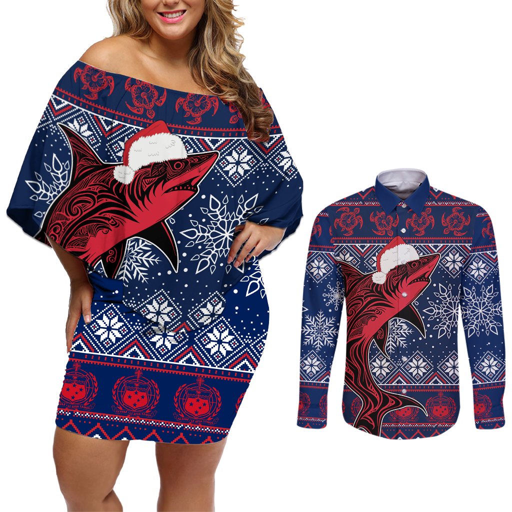 Samoa Manuia Le Kirisimasi Couples Matching Off Shoulder Short Dress and Long Sleeve Button Shirts Samoan Fishing Tribal Pattern Christmas Vibe LT9 Red - Polynesian Pride