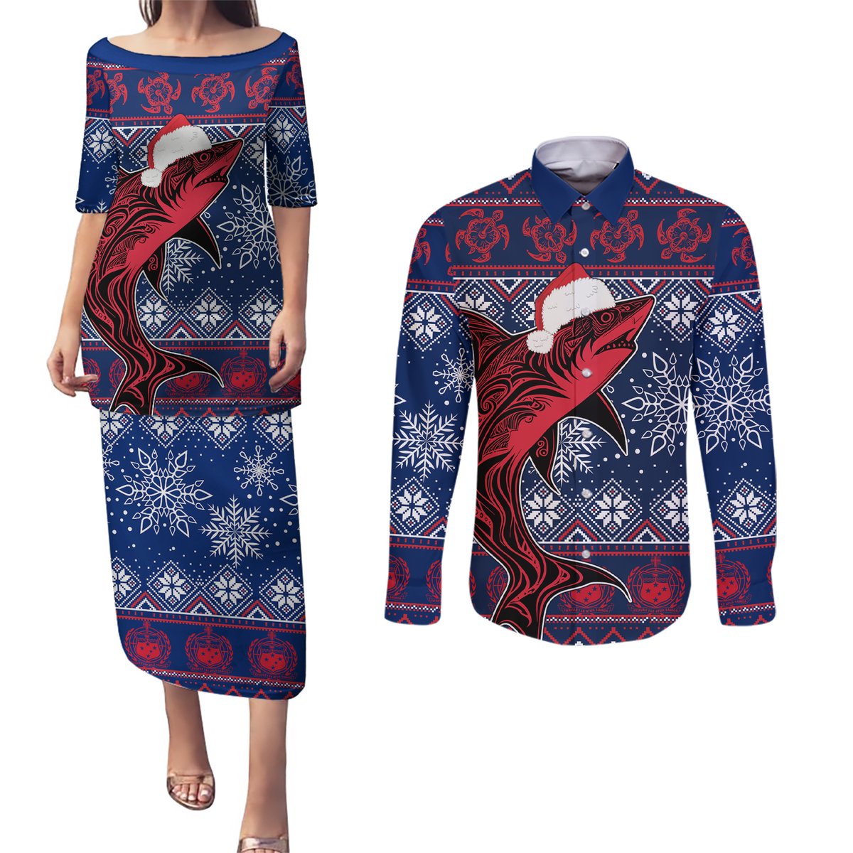 Samoa Manuia Le Kirisimasi Couples Matching Puletasi Dress and Long Sleeve Button Shirts Samoan Fishing Tribal Pattern Christmas Vibe LT9 Red - Polynesian Pride