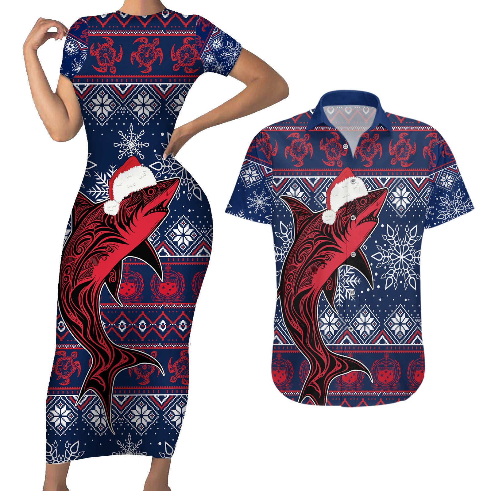 Samoa Manuia Le Kirisimasi Couples Matching Short Sleeve Bodycon Dress and Hawaiian Shirt Samoan Fishing Tribal Pattern Christmas Vibe LT9 Red - Polynesian Pride