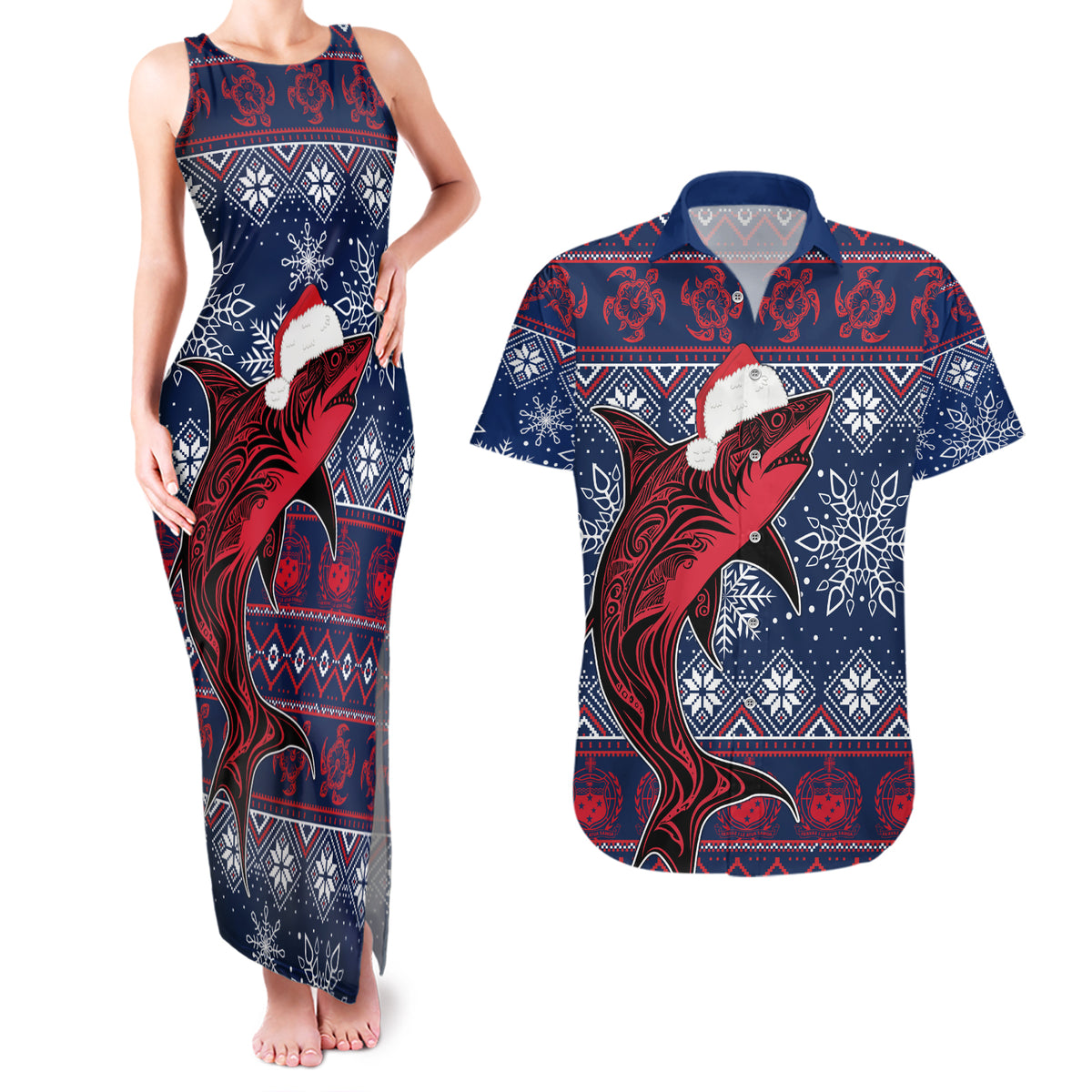 samoa-manuia-le-kirisimasi-couples-matching-tank-maxi-dress-and-hawaiian-shirt-samoan-fishing-tribal-pattern-christmas-vibe