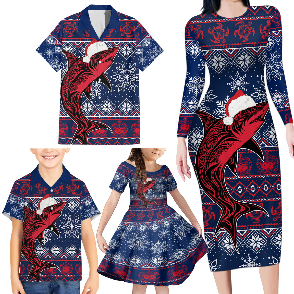 samoa-manuia-le-kirisimasi-family-matching-long-sleeve-bodycon-dress-and-hawaiian-shirt-samoan-fishing-tribal-pattern-christmas-vibe