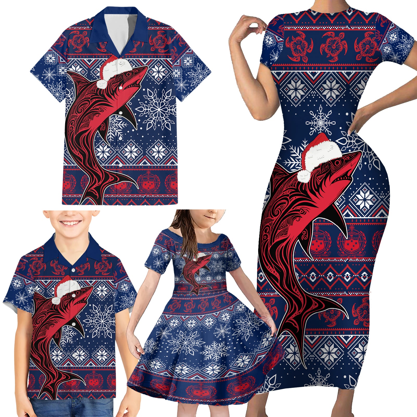 samoa-manuia-le-kirisimasi-family-matching-short-sleeve-bodycon-dress-and-hawaiian-shirt-samoan-fishing-tribal-pattern-christmas-vibe