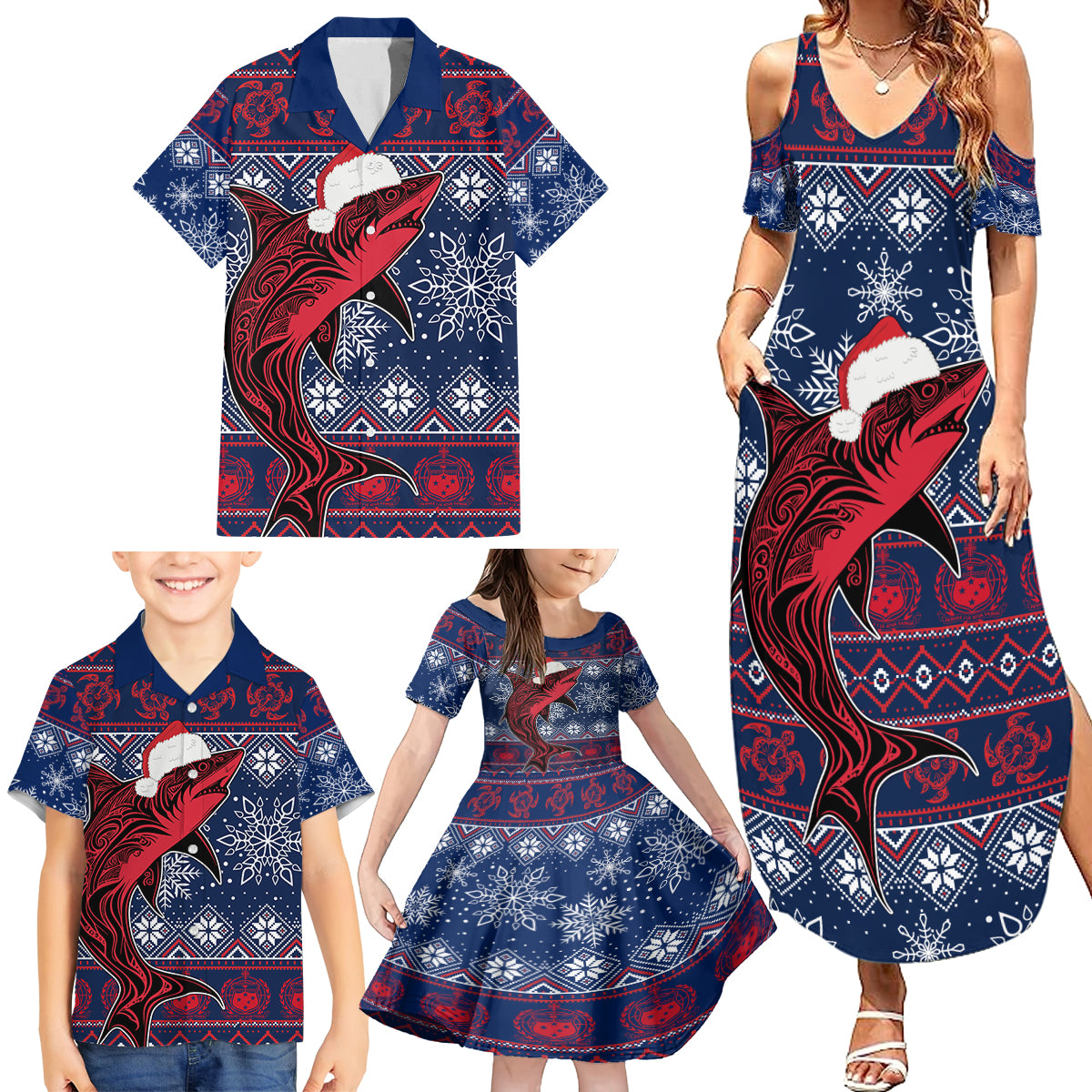 samoa-manuia-le-kirisimasi-family-matching-summer-maxi-dress-and-hawaiian-shirt-samoan-fishing-tribal-pattern-christmas-vibe