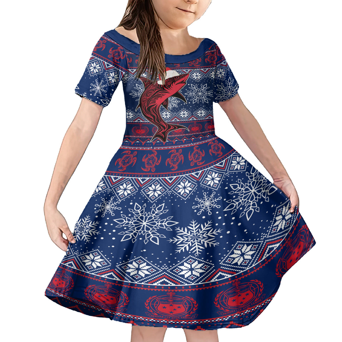 samoa-manuia-le-kirisimasi-kid-short-sleeve-dress-samoan-fishing-tribal-pattern-christmas-vibe