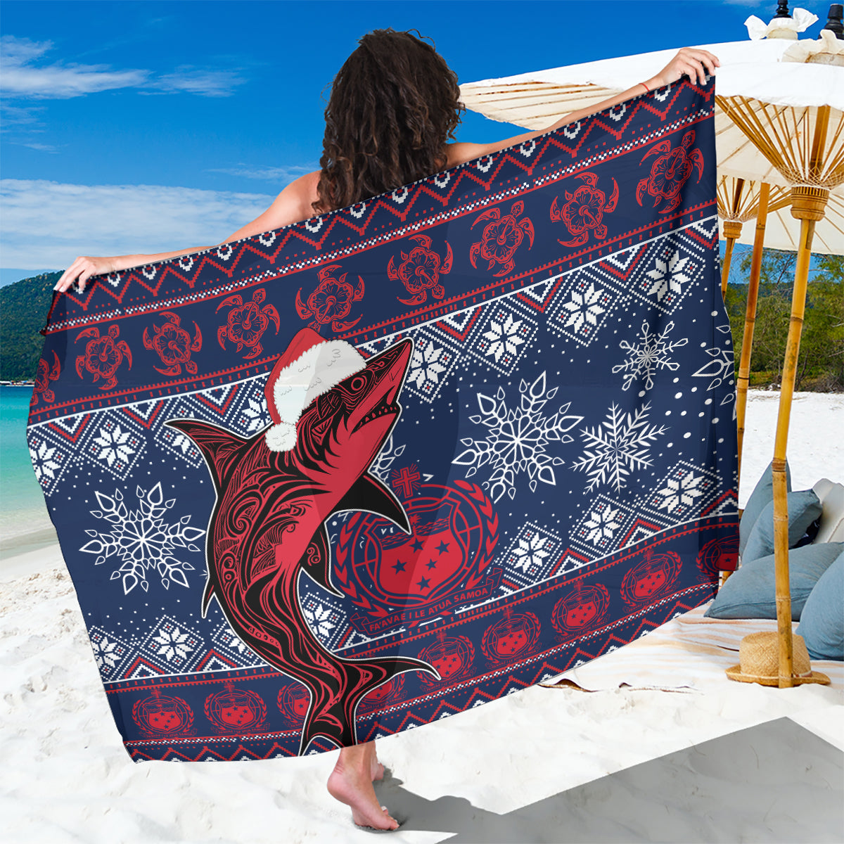 Samoa Manuia Le Kirisimasi Sarong Samoan Fishing Tribal Pattern Christmas Vibe LT9 One Size 44 x 66 inches Red - Polynesian Pride