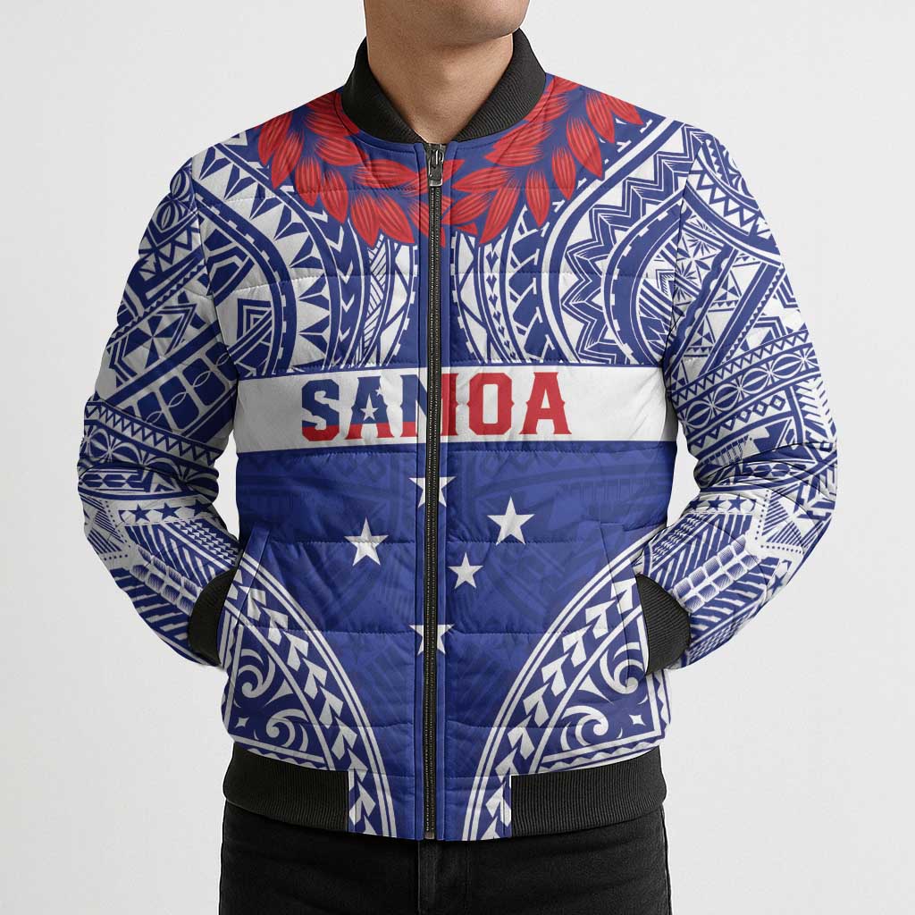 Personalised Toa Samoa Rugby Spirit Bomber Puffer Jacket Blue Samoan Tribal Pattern - Polynesian Pride