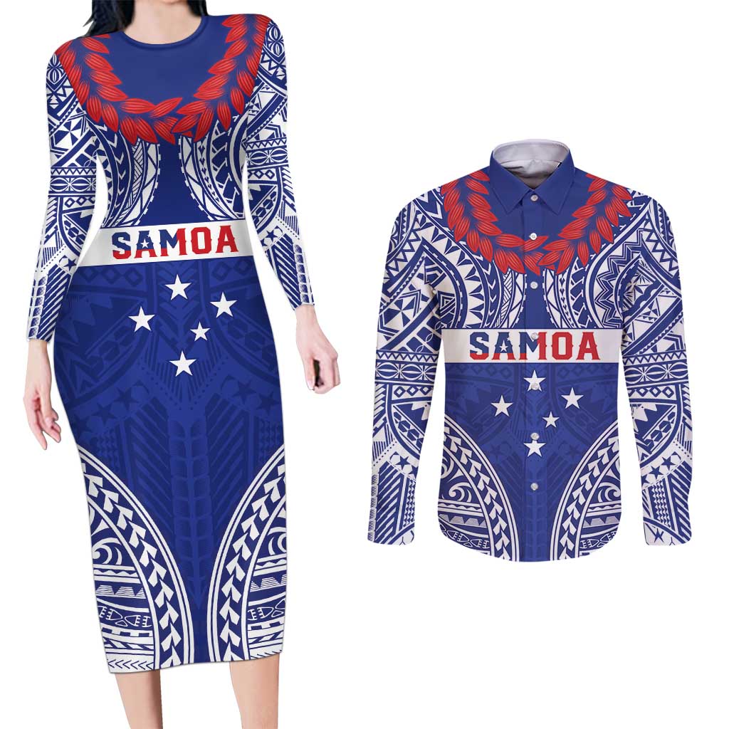 Personalised Toa Samoa Rugby Spirit Couples Matching Long Sleeve Bodycon Dress and Long Sleeve Button Shirt Blue Samoan Tribal Pattern - Polynesian Pride