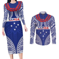 Personalised Toa Samoa Rugby Spirit Couples Matching Long Sleeve Bodycon Dress and Long Sleeve Button Shirt Blue Samoan Tribal Pattern - Polynesian Pride