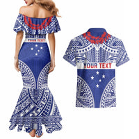 Personalised Toa Samoa Rugby Spirit Couples Matching Mermaid Dress and Hawaiian Shirt Blue Samoan Tribal Pattern - Polynesian Pride