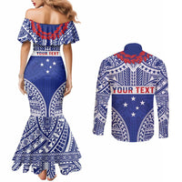 Personalised Toa Samoa Rugby Spirit Couples Matching Mermaid Dress and Long Sleeve Button Shirt Blue Samoan Tribal Pattern - Polynesian Pride