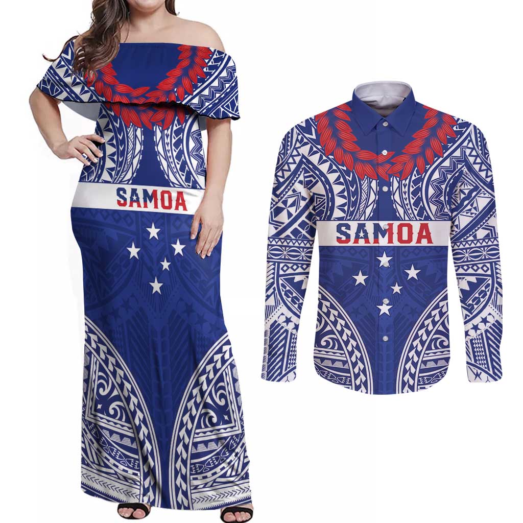 Personalised Toa Samoa Rugby Spirit Couples Matching Off Shoulder Maxi Dress and Long Sleeve Button Shirt Blue Samoan Tribal Pattern - Polynesian Pride